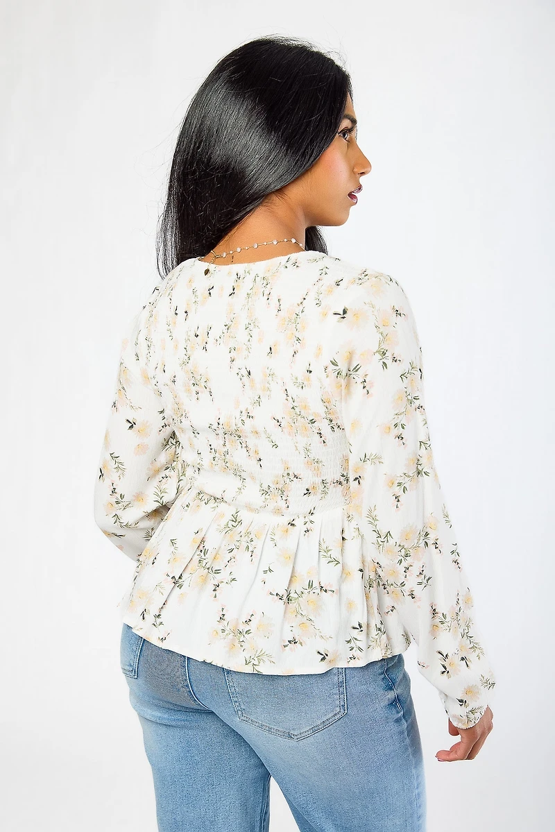 Floral Smocked V-Neck Long-Sleeve Babydoll with Buttons