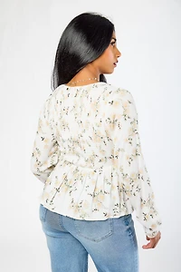 Floral Smocked V-Neck Long-Sleeve Babydoll with Buttons