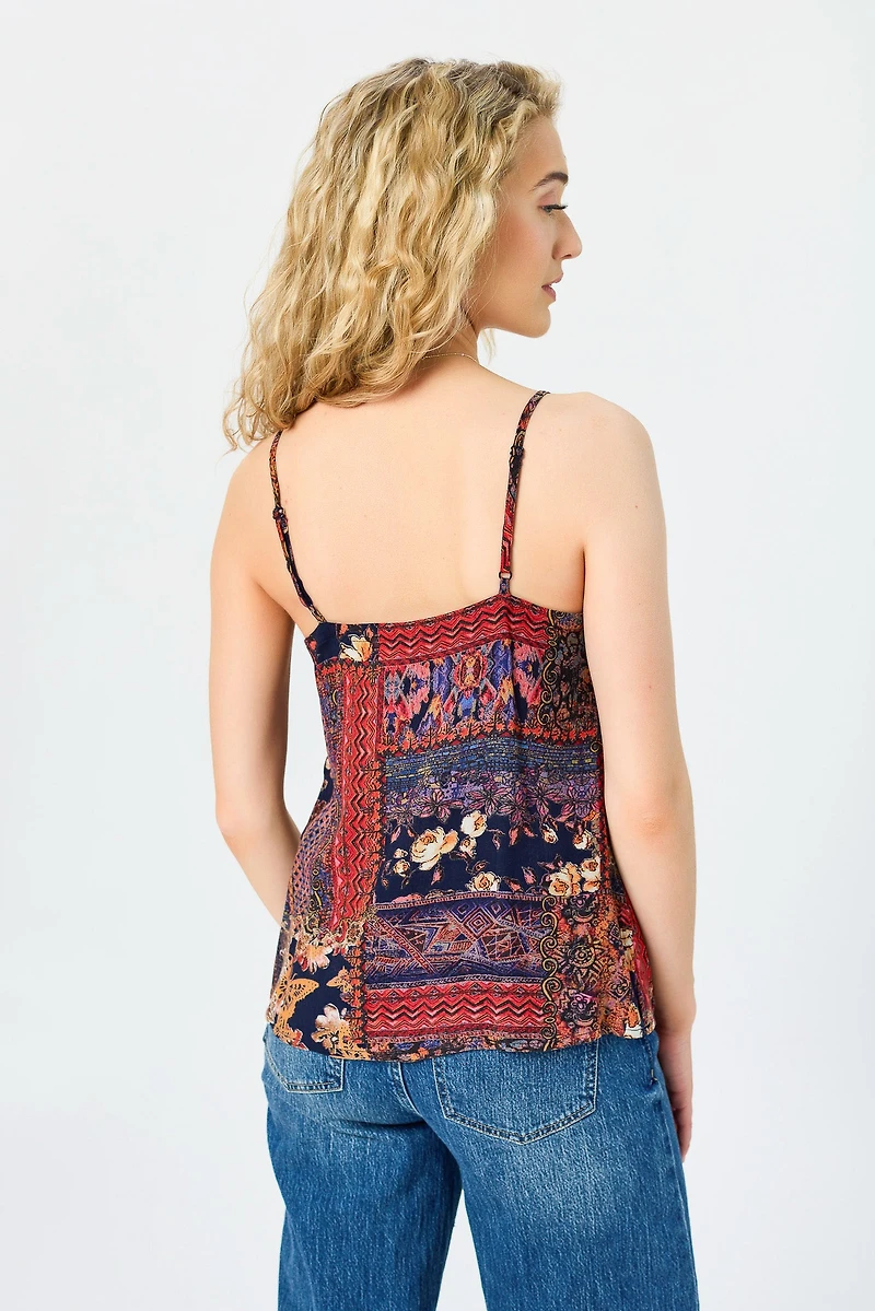 Patchwork V-Neck Spaghetti Strap Cami with Crochet Lace Insert