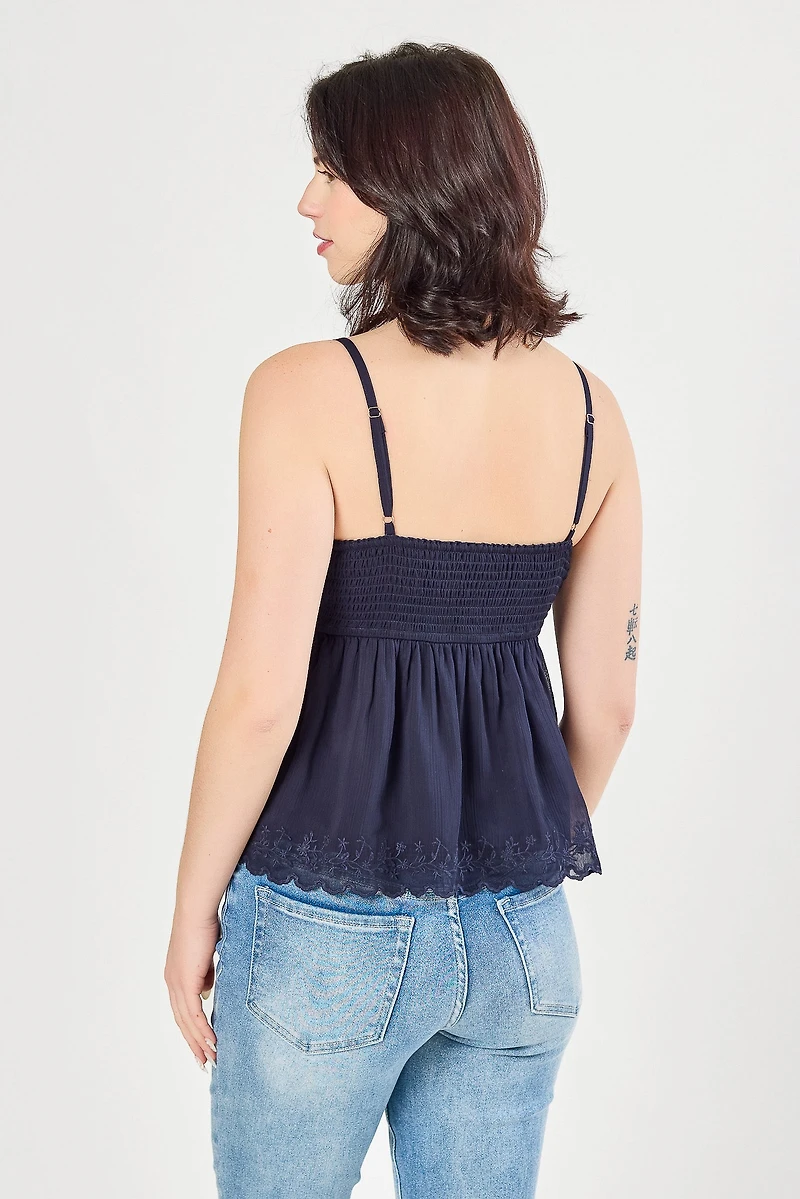 V-Neck Spaghetti-Strap Babydoll with Embroidery and Ruffle Trim