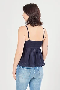 V-Neck Spaghetti-Strap Babydoll with Embroidery and Ruffle Trim