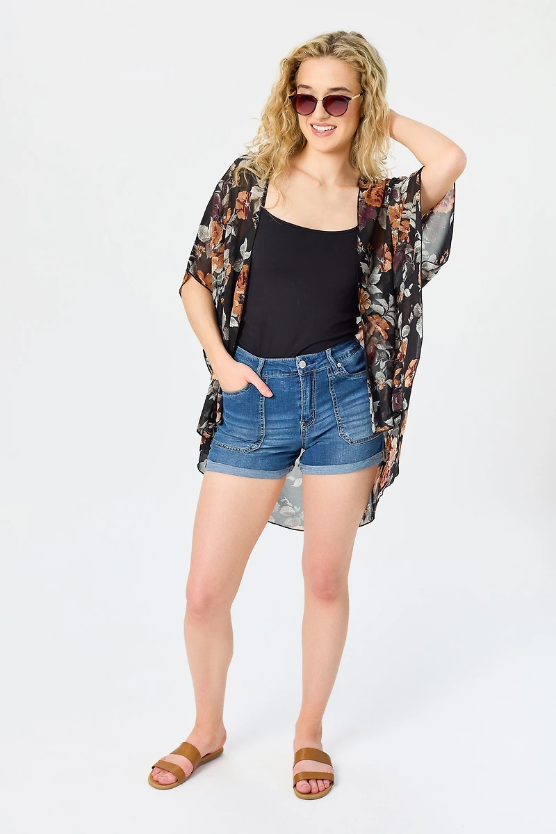 Large Floral Print Chiffon Kimono