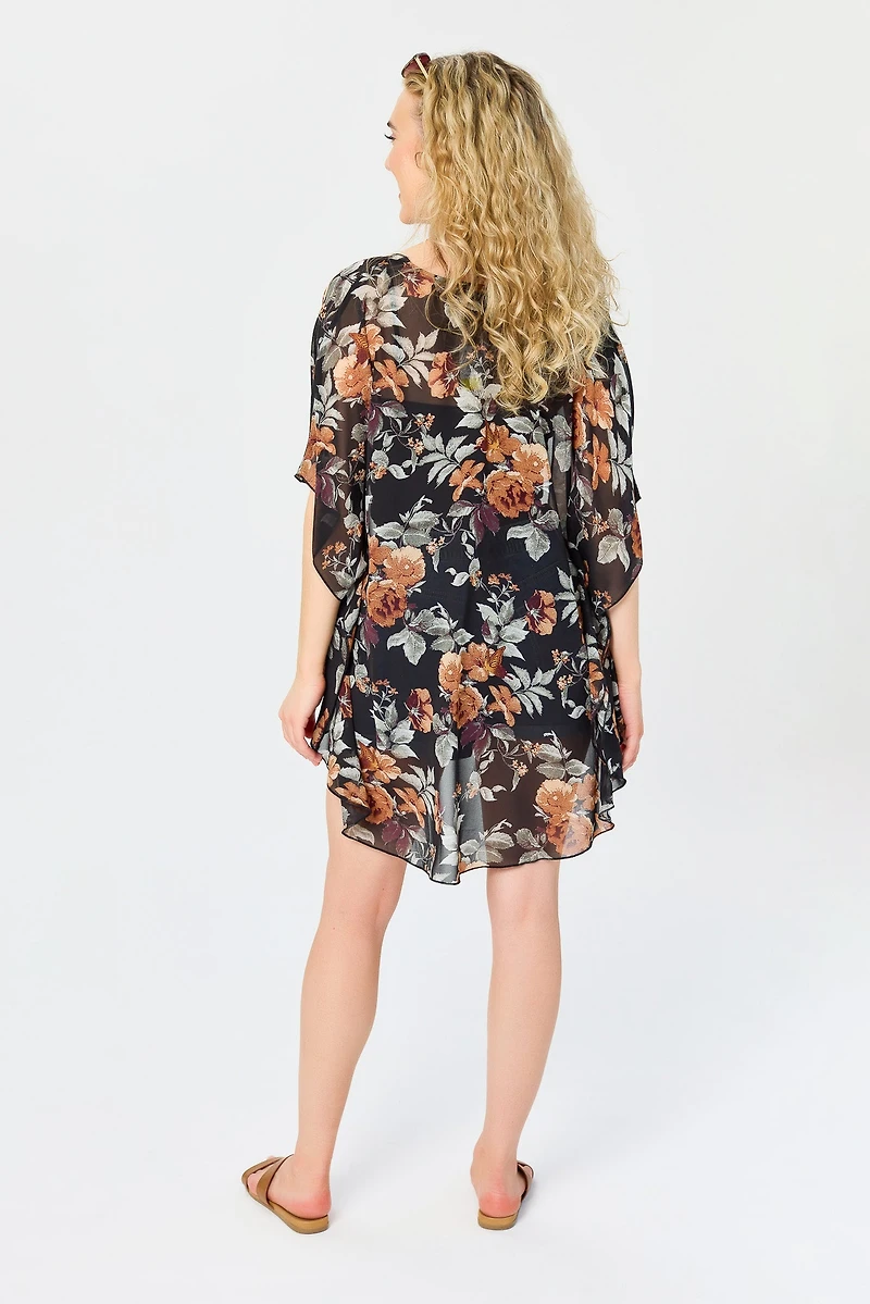 Large Floral Print Chiffon Kimono