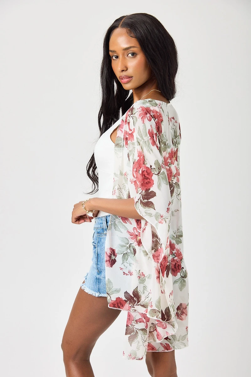 Large Floral Print Chiffon Kimono