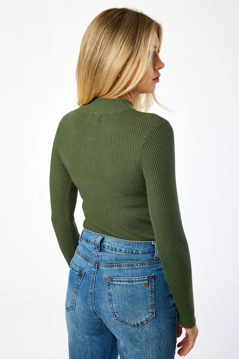 Long-Sleeve Ribbed Mockneck Sweater