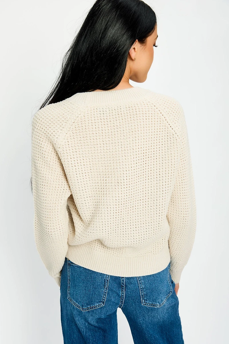 Solid Waffle-Knit Long Sleeve Sweater