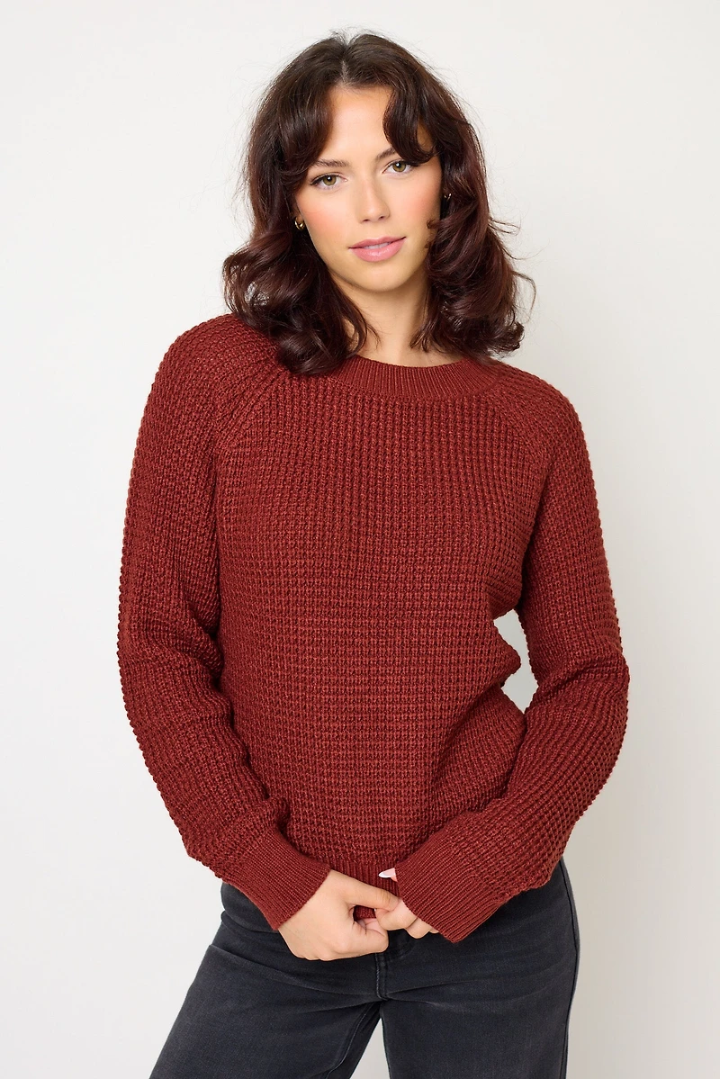 Solid Waffle-Knit Long Sleeve Sweater