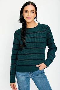 Striped Waffle-Knit Long Sleeve Sweater