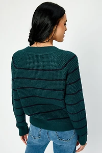 Striped Waffle-Knit Long Sleeve Sweater