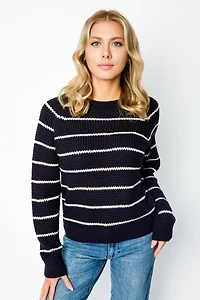 Striped Waffle-Knit Long Sleeve Sweater