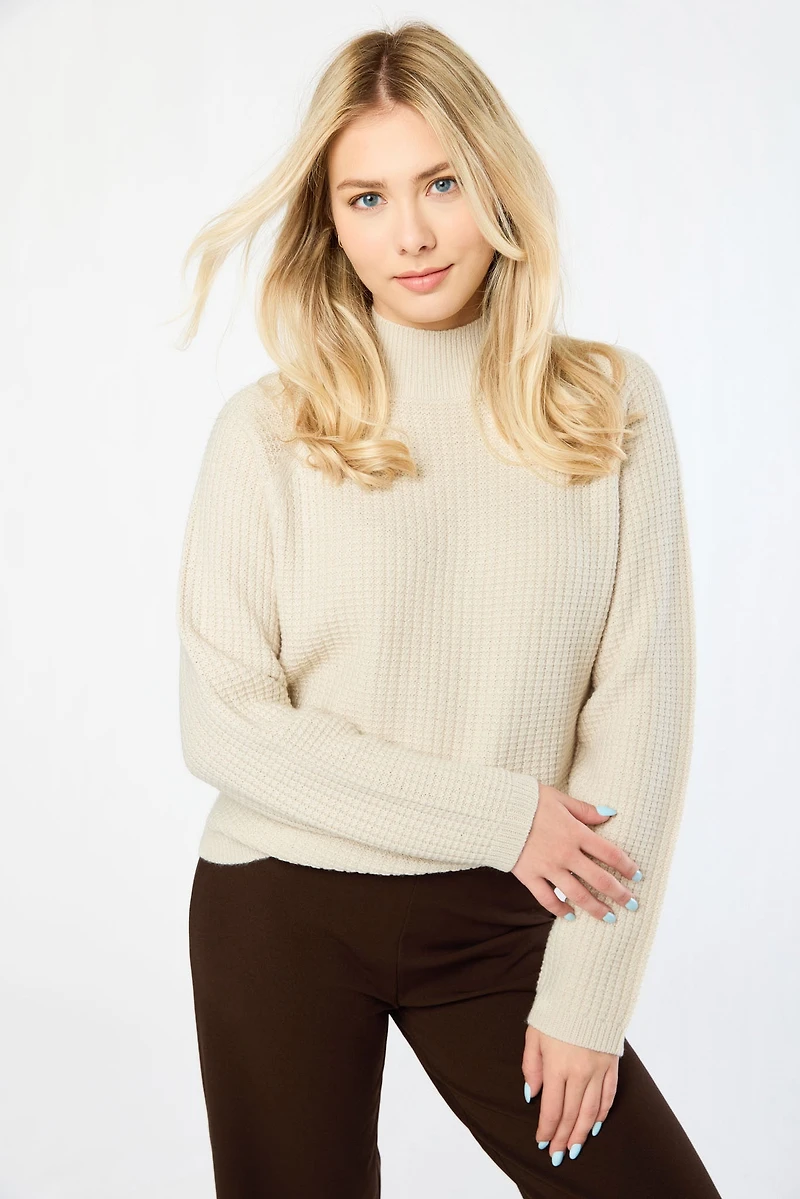 Waffle-Knit Mock-Neck Sweater