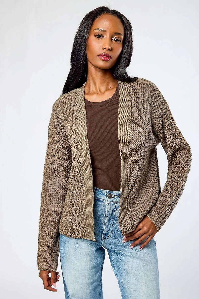Waffle-Knit Open-Front Cardigan
