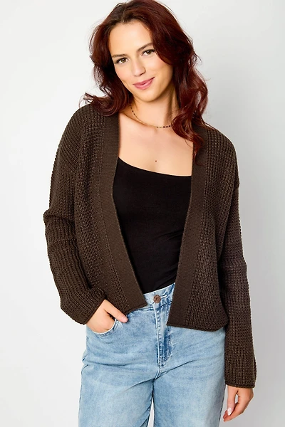 Waffle-Knit Open-Front Cardigan
