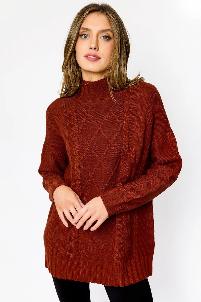 Mock-Neck Cable-Knit Sweater