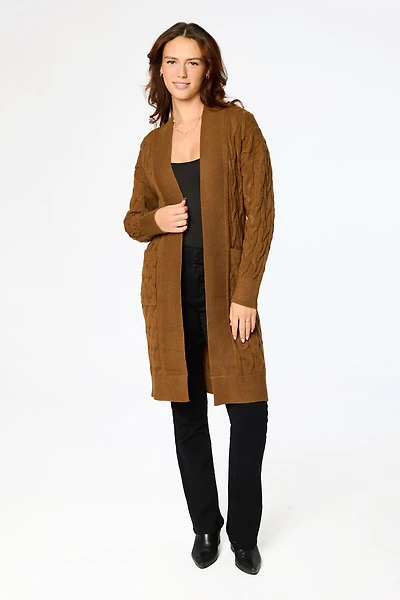 Long Cable Knit Cardigan with Pockets