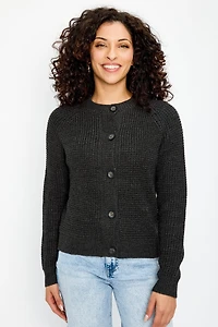 Waffle Crew-Neck Button-Front Cardigan