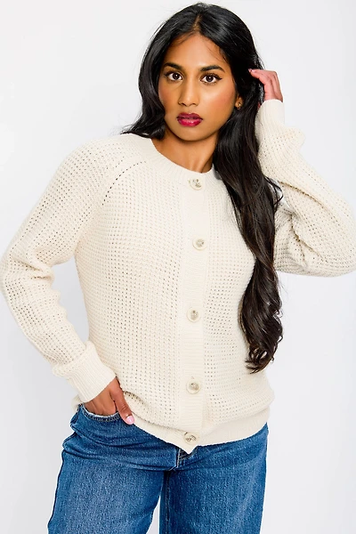 Waffle Crew-Neck Button-Front Cardigan