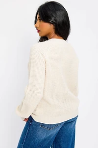 Waffle Crew-Neck Button-Front Cardigan