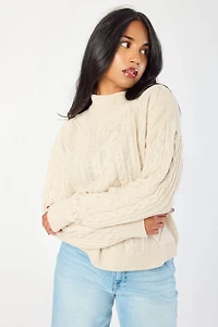Mock-Neck Long-Sleeve Cable-Knit Sweater