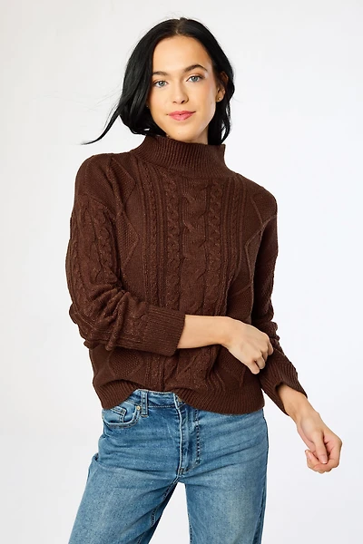 Mock-Neck Long-Sleeve Cable-Knit Sweater