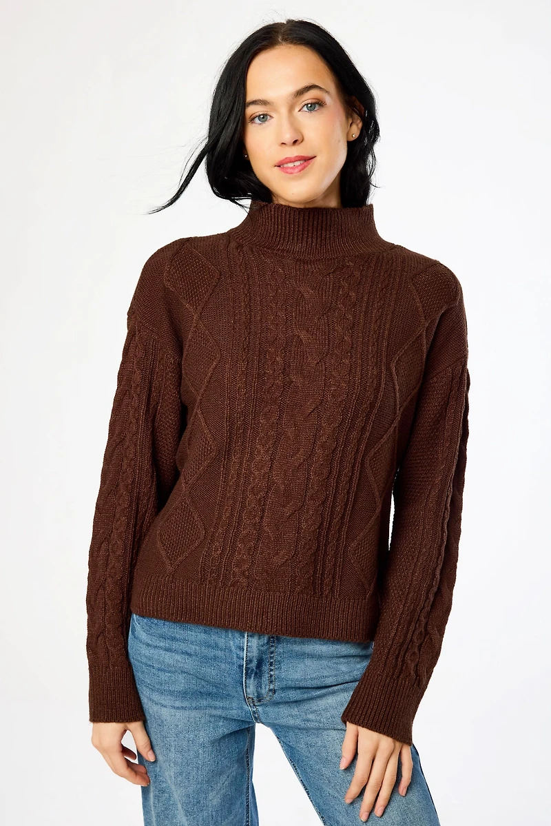 Mock-Neck Long-Sleeve Cable-Knit Sweater