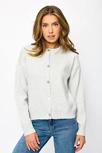 Crew-Neck Long Sleeve Button-Front Cardigan