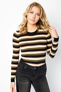 Striped Long-Sleeve Crewneck Ribbed Top