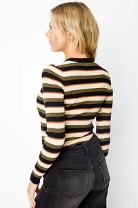 Striped Long-Sleeve Crewneck Ribbed Top