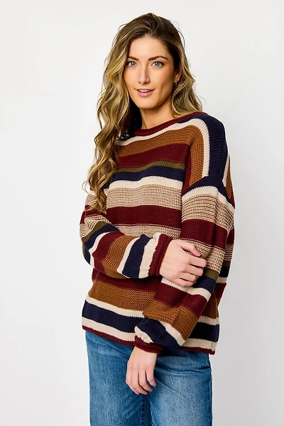 Stripe Crew-Neck Balloon-Sleeve Knit Sweater
