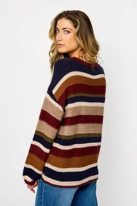 Stripe Crew-Neck Balloon-Sleeve Knit Sweater