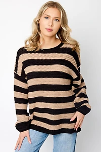 Stripe Crew-Neck Balloon-Sleeve Novelty Knit Sweater