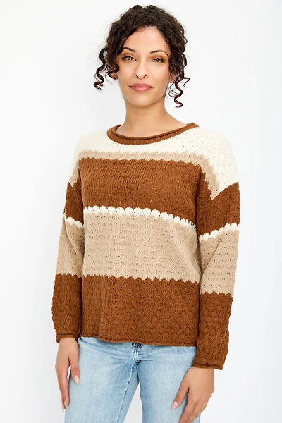 Wide Stripe Crew-Neck Balloon-Sleeve Knit Sweater