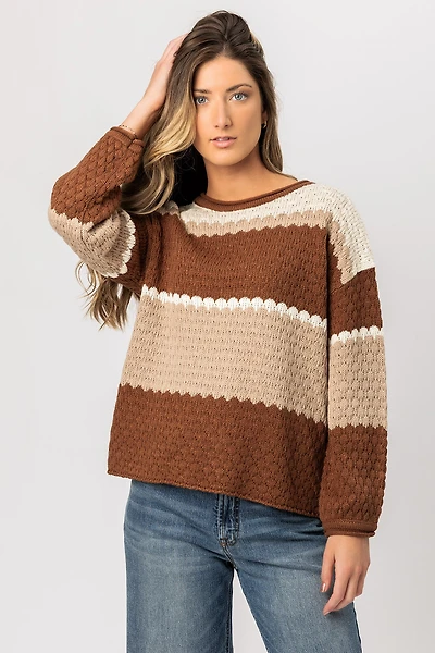 Wide Stripe Crew-Neck Balloon-Sleeve Knit Sweater