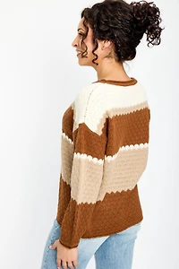Wide Stripe Crew-Neck Balloon-Sleeve Knit Sweater