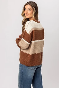 Wide Stripe Crew-Neck Balloon-Sleeve Knit Sweater