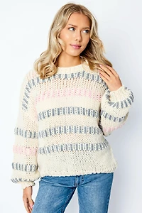 Stripe Crew-Neck Drop-Shoulder Chunky Knit Sweater