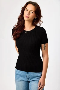 Ribbed Short-Sleeve Crew-Neck Sweater