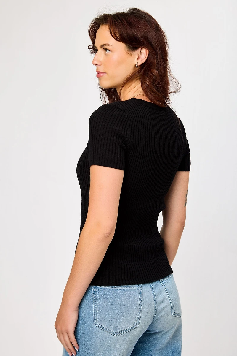 Ribbed Short-Sleeve Crew-Neck Sweater