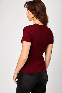 Ribbed Short-Sleeve Crew-Neck Sweater