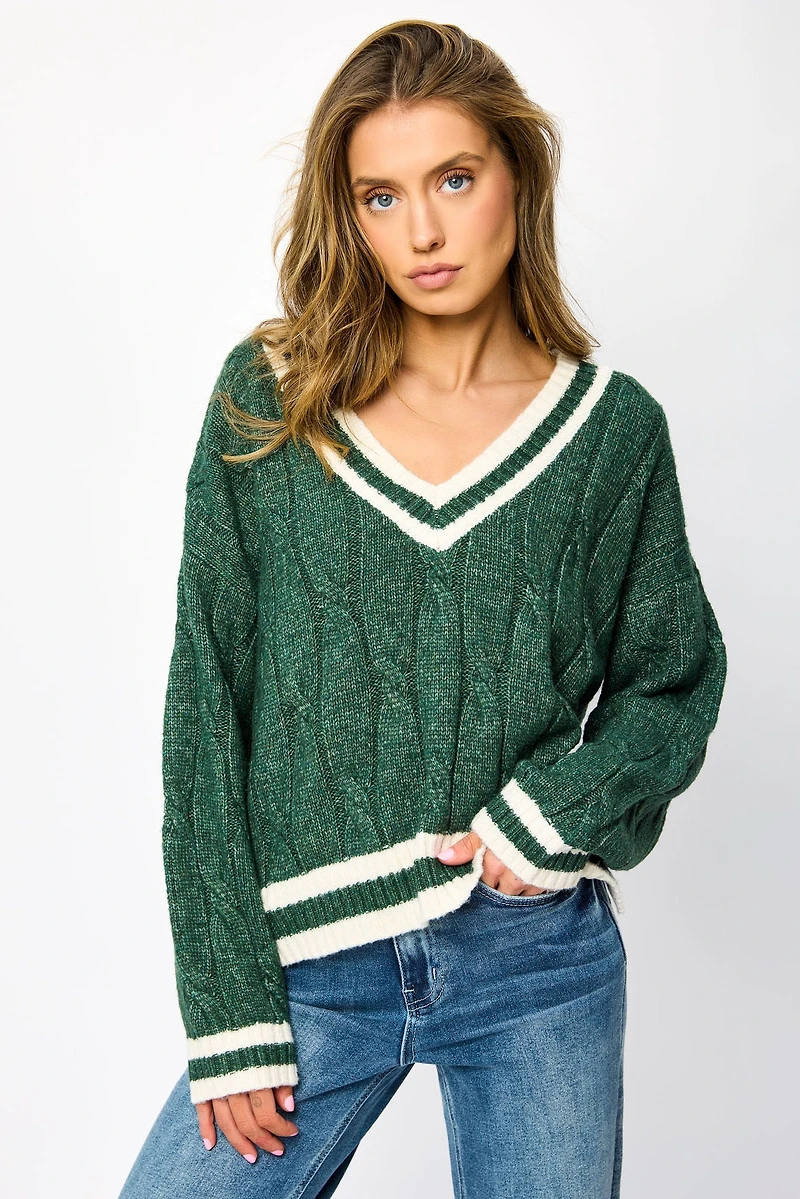 Varsity V-Neck Cable-Knit Sweater