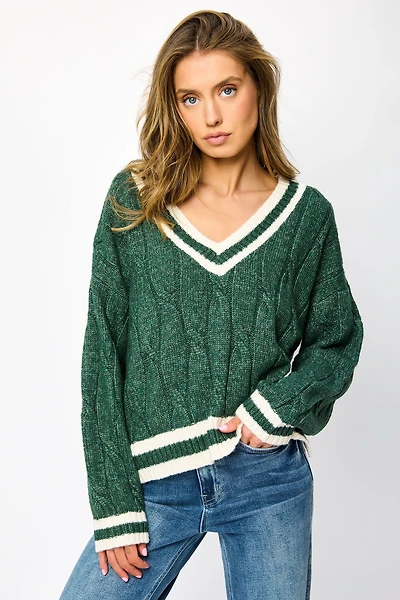 Varsity V-Neck Cable-Knit Sweater