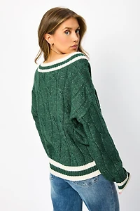 Varsity V-Neck Cable-Knit Sweater
