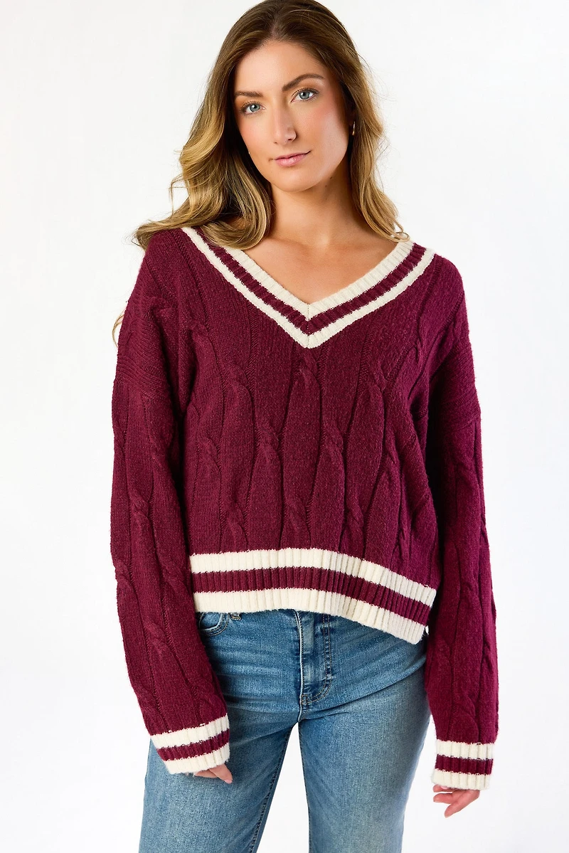 Varsity V-Neck Cable-Knit Sweater