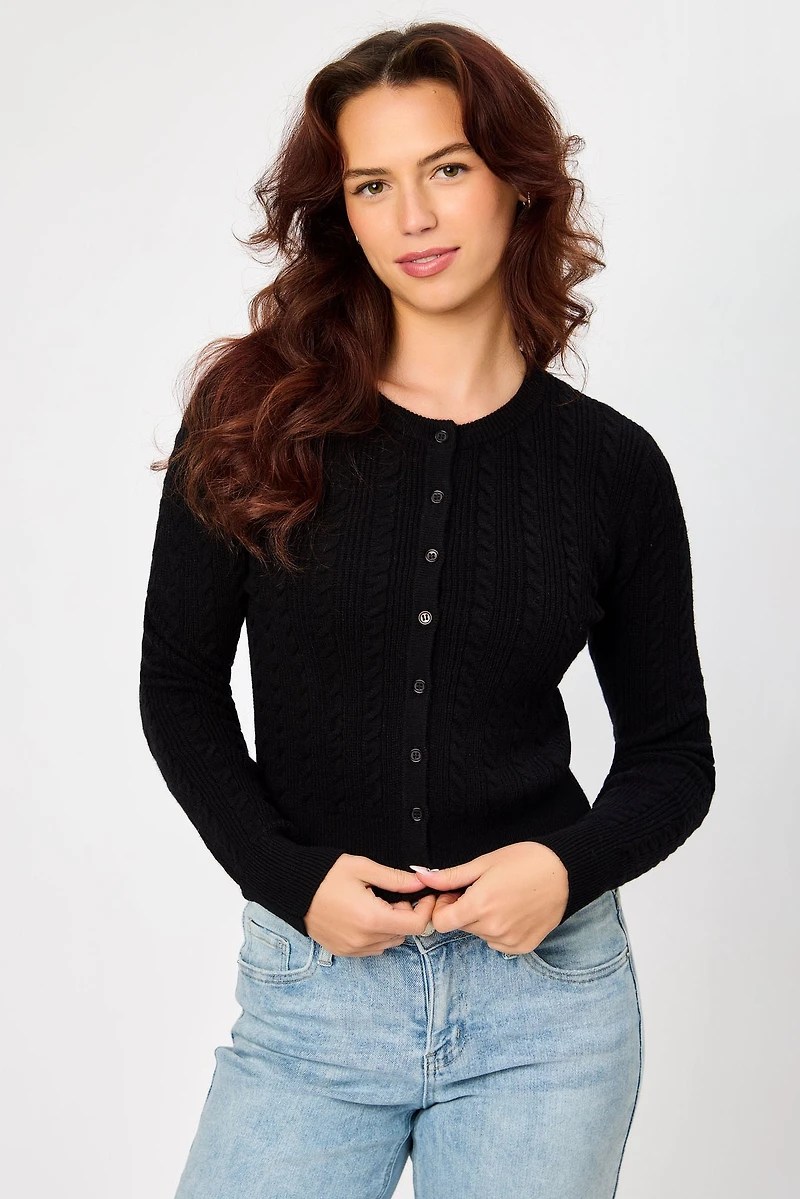 Scoop-Neck Cable Knit Cardigan