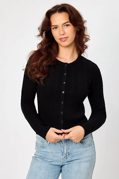 Scoop-Neck Cable Knit Cardigan