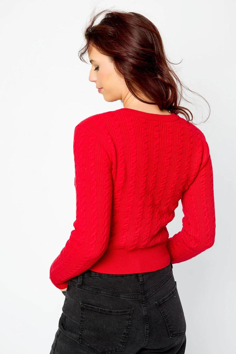 Scoop-Neck Cable Knit Cardigan
