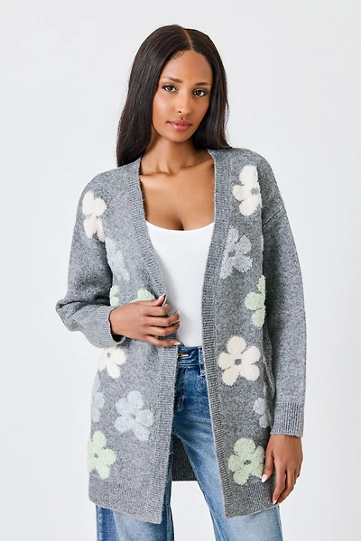 Long-Sleeve Open Cardigan with Puff Flowers