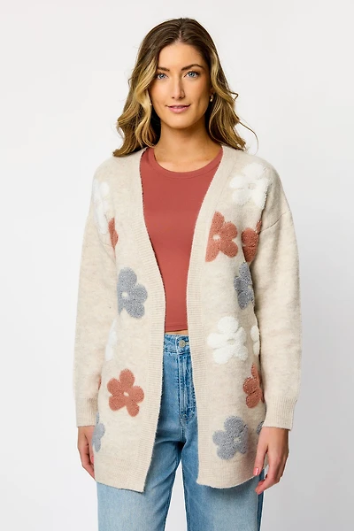 Long-Sleeve Open Cardigan with Puff Flowers