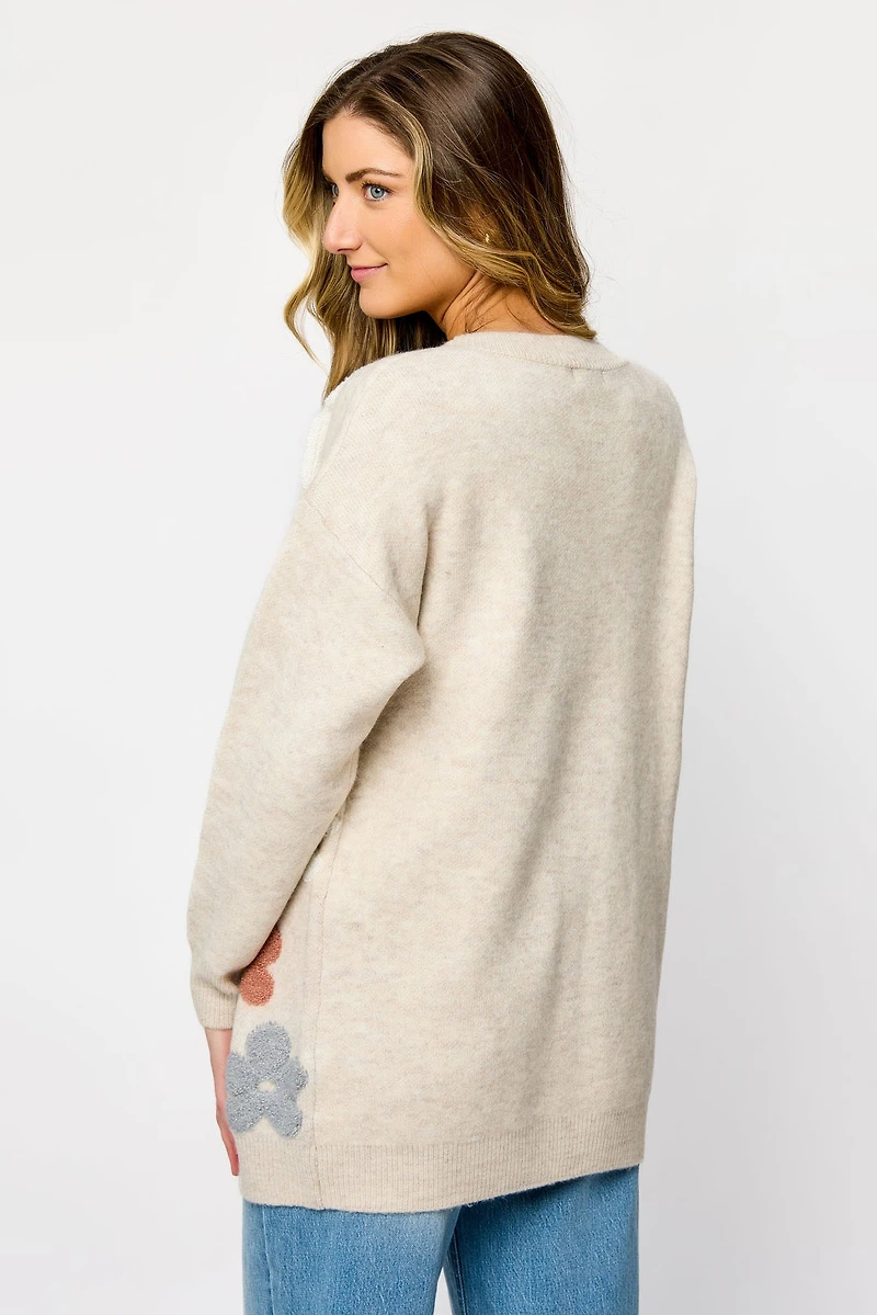 Long-Sleeve Open Cardigan with Puff Flowers