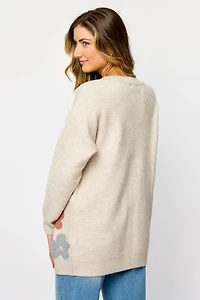 Long-Sleeve Open Cardigan with Puff Flowers